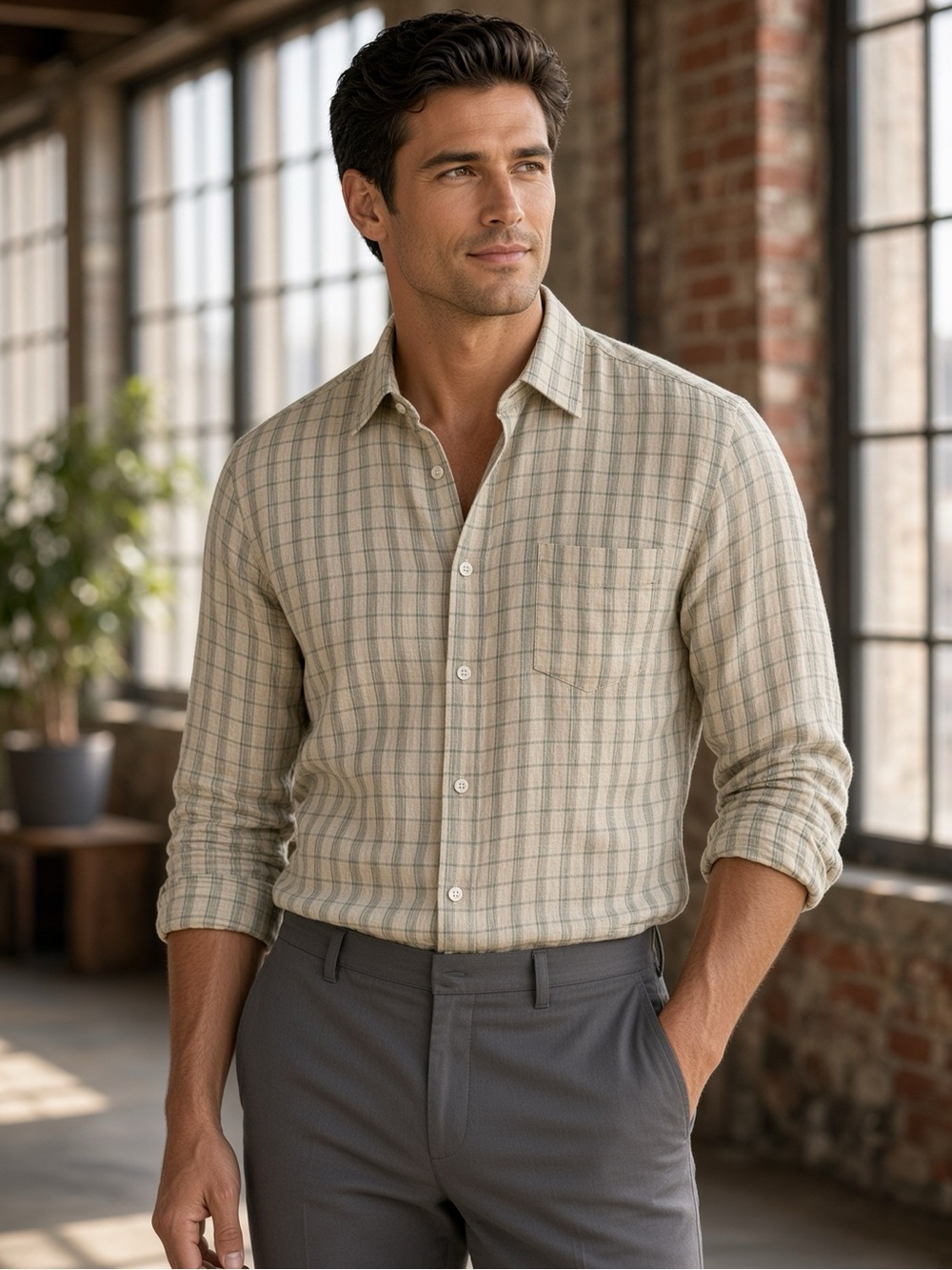 J. Crew Men's Beige Plaid Button-Down Shirt